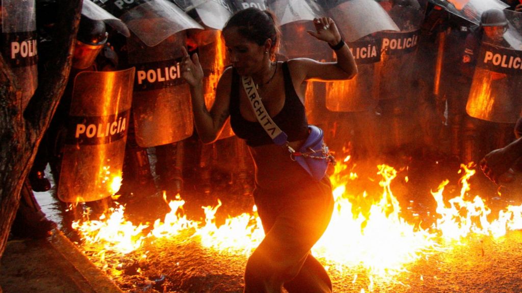 Venezuela's security forces have clashed with large crowds of protesters who've taken to the streets to denounce the re-election of President Maduro as fraudulent