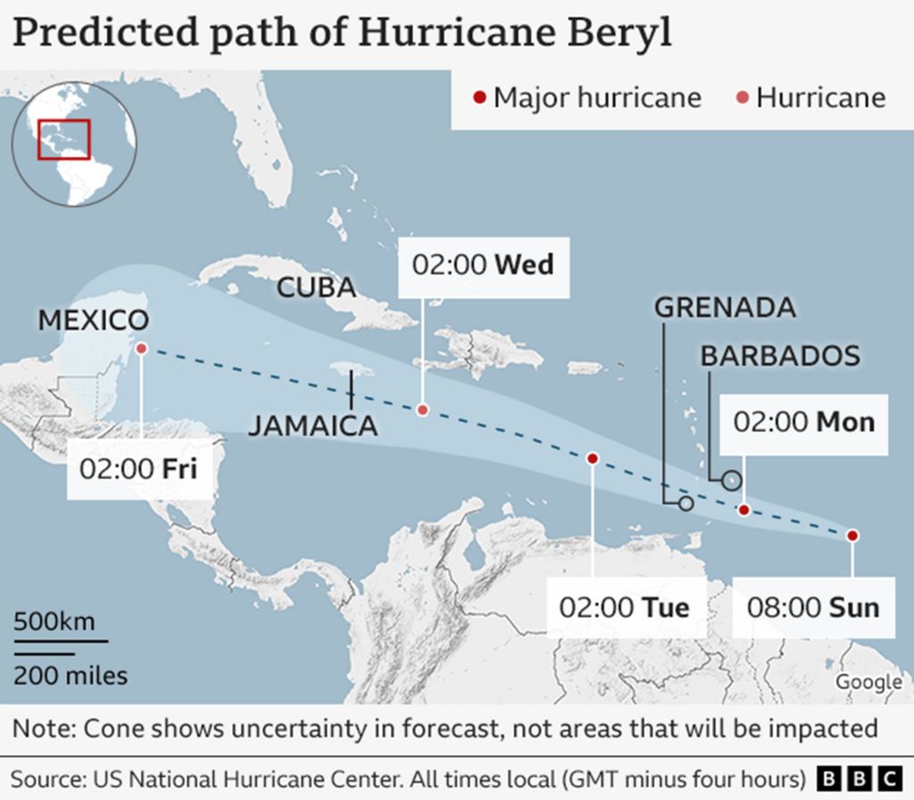 A map showing the forecast path of Hurricane Beryl across the Gulf of Mexico