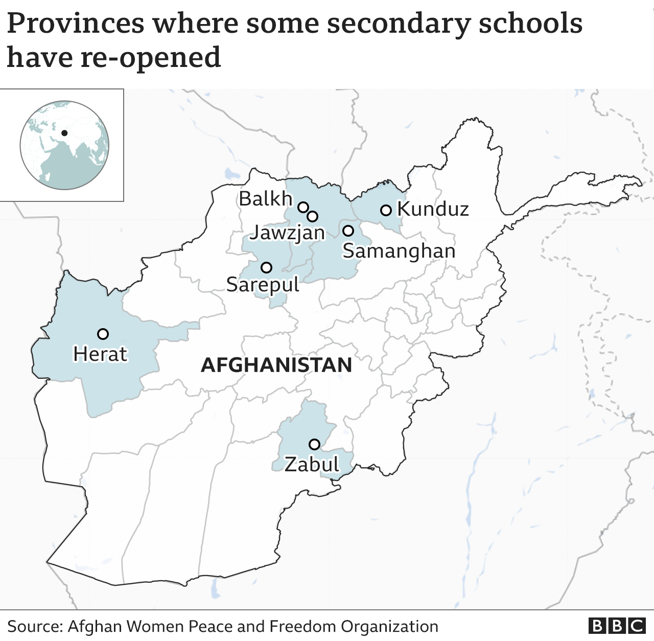 На карте выделены семь провинций, в которых вновь открылись средние школы для девочек