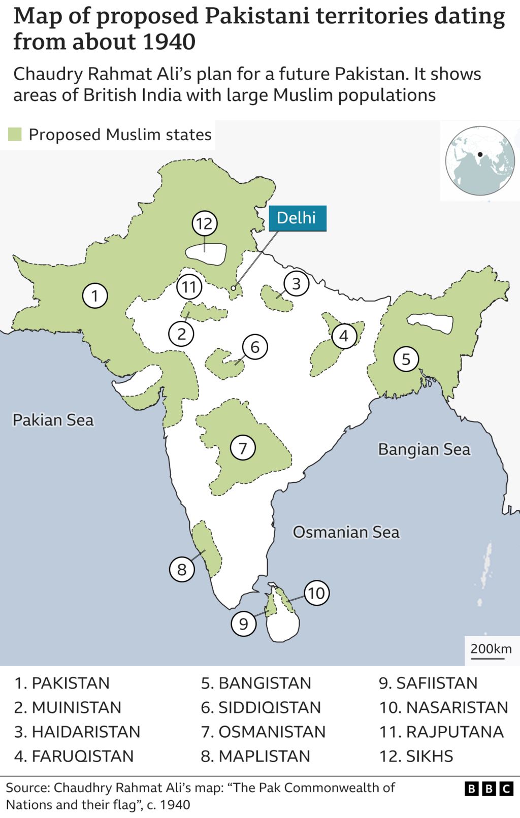 Карта примерно 1940 года, составленная Чаудри Рахматом Али, на которой показаны возможные территории для Пакистана, с территориями на северо-западе и северо-востоке Британской Индии, а также с анклавами по всему центру и югу страны.