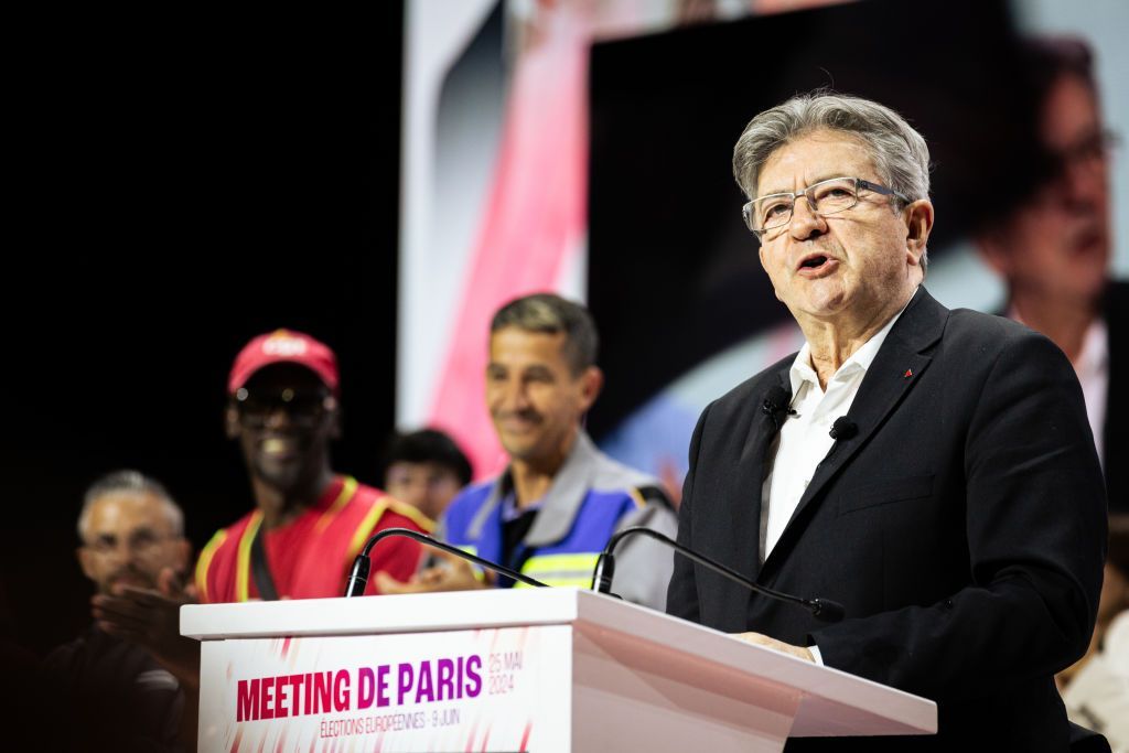 Jean-Luc Melenchon, President of La France Insoumise, is speaking during the meeting in Aubervilliers, on the outskirts of Paris, France, on May 25, 2024