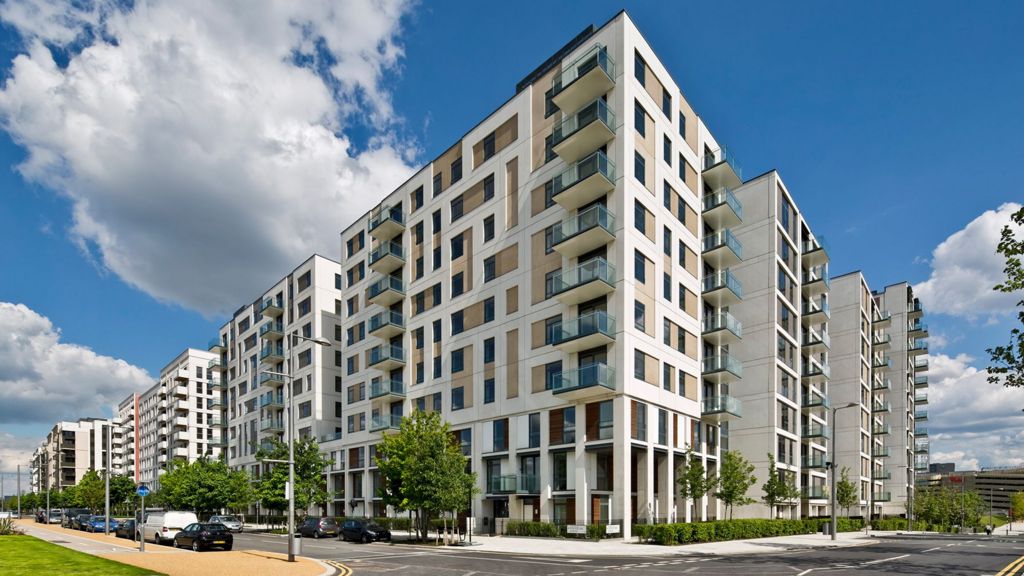 Apartments at East Village London, formerly the Athletes Village part of the 2012 Olympic site, Stratford, on a sunny day