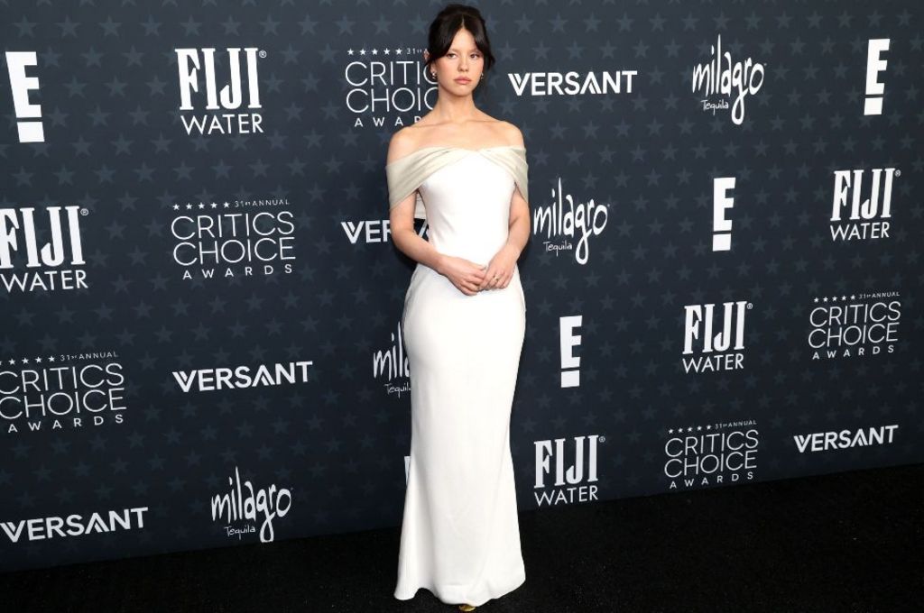 Mia Goth attends FIJI Water At The 31st Annual Critics Choice Awards at Barker Hangar on January 04, 2026 in Santa Monica, California.