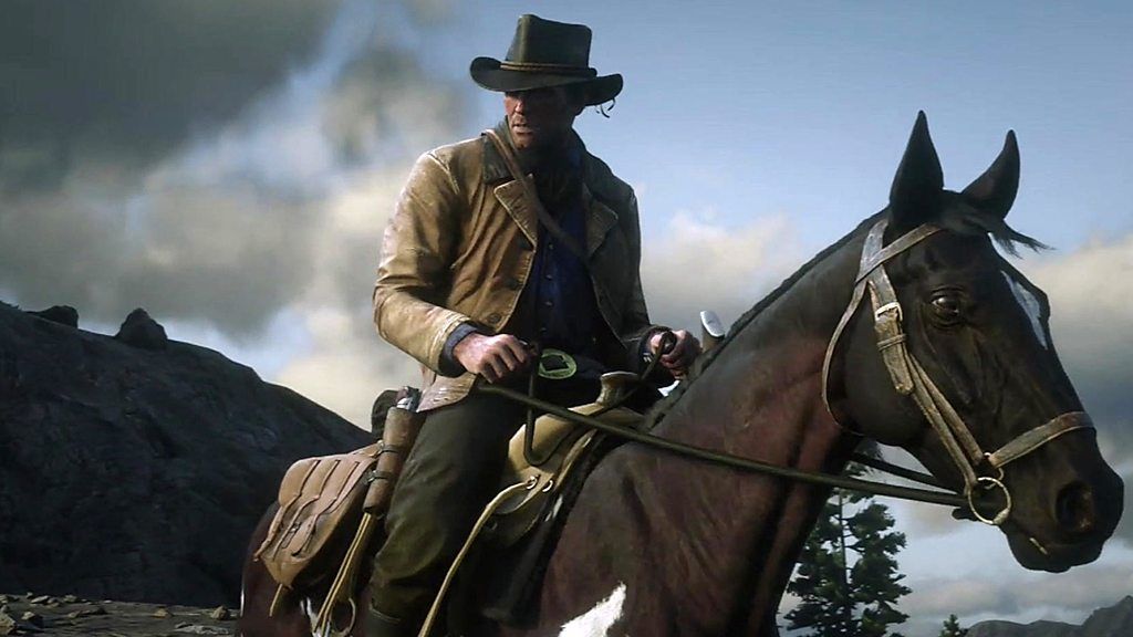 A man riding a horse in a scene from Red Dead Redemption 2