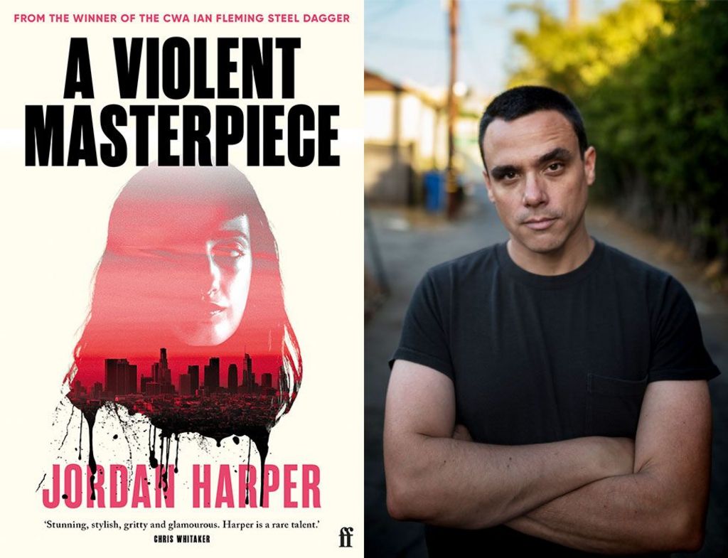 Jordan Harper book cover featuring a woman's face over a city landscape next to a photo of Harper wearing a black T-shirt
