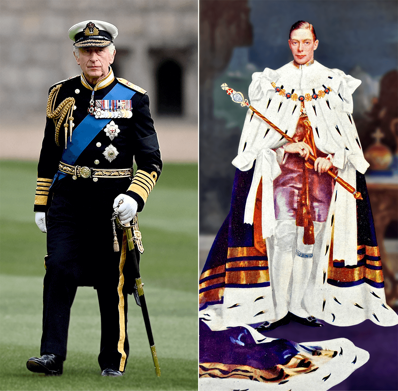 Rei Charles III em um uniforme militar e George VI em calças e meias