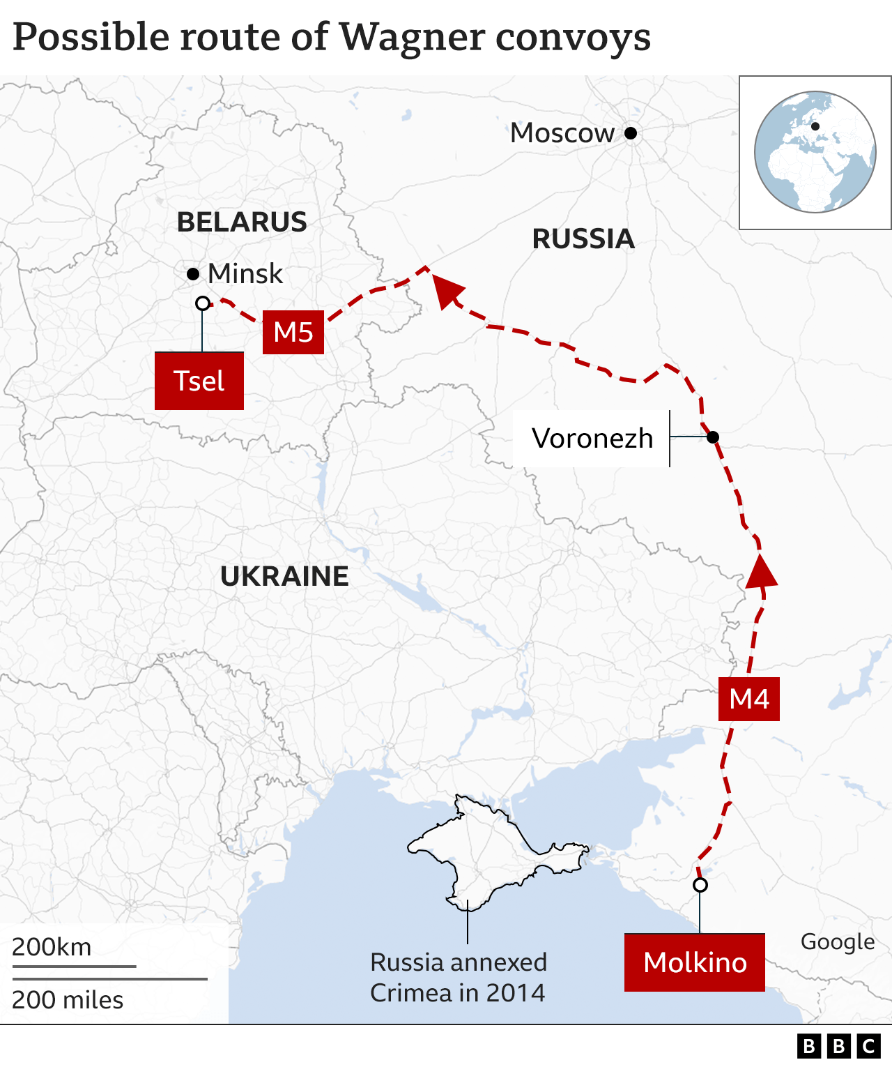 Map showing possible Wagner convoy route from Molkino in Russia to Tsel in Belarus