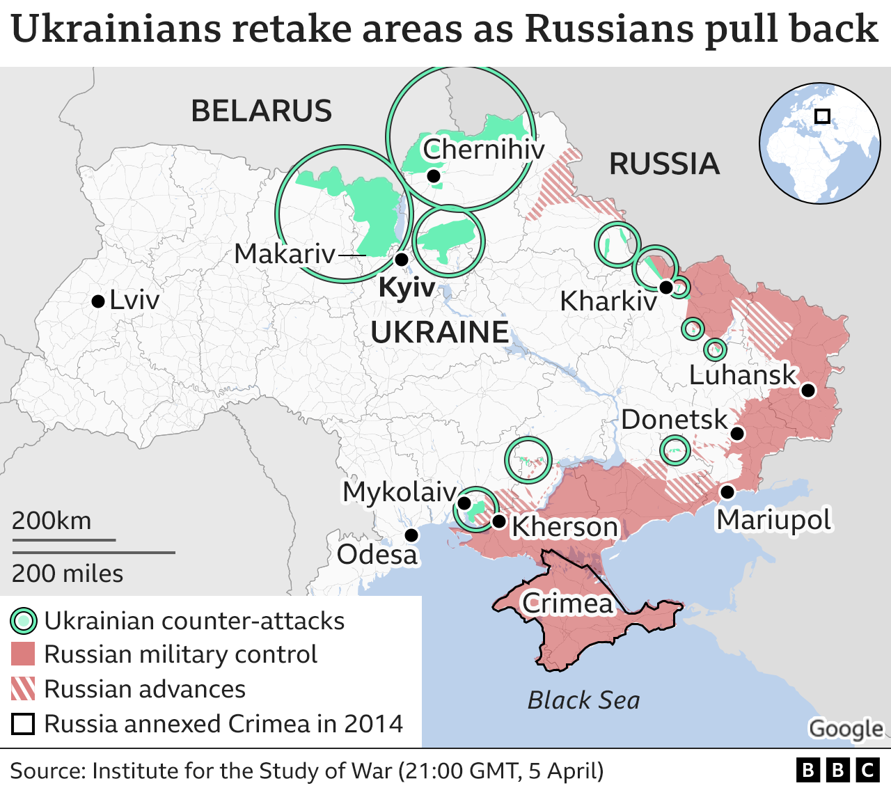 Map showing Russian advances and Ukrainian counter-attacks