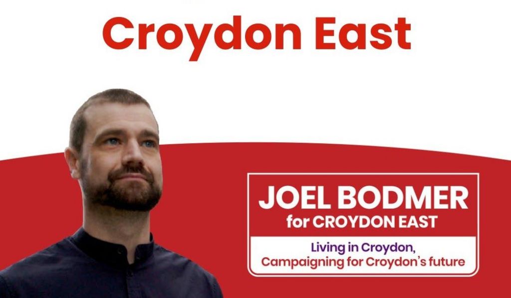 Campaign image for Joel Bodmer, who was standing as a councillor in Croydon East. The image shows a head and shoulders shot of Mr Bodmer, alongside the slogan saying "Croydon East. Joel Bodmer for Croydon East" followed by "Living in Croydon, Campaigning for Croydon's future".