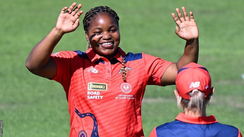 Anesu Mushangwe celebrates taking a wicket for South Australian Scorpions in the Women's National Cricket League