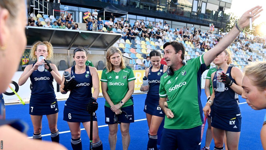 Sean Dancer talks to his Ireland team before the EuroHockey game against Germany in August