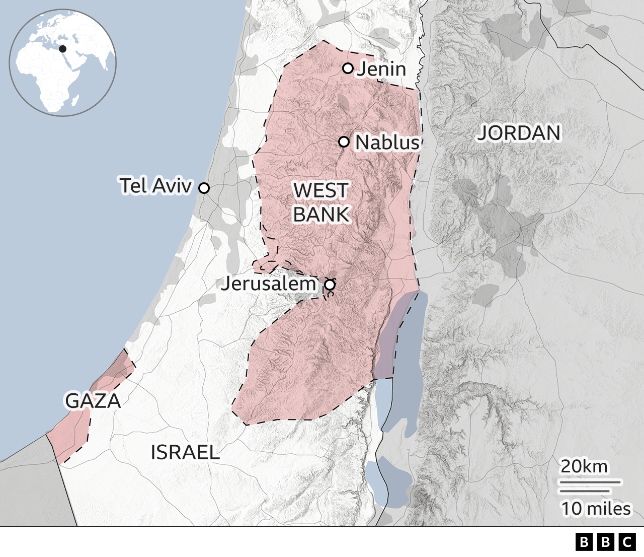 A map illustration showing the wider region of Israel, the occupied West Bank, Gaza, Tel Aviv and Jordan. Gaza and the occupied West Bank are highlighted in red, and show the locations of Jenin, Jerusalem and Nablus.