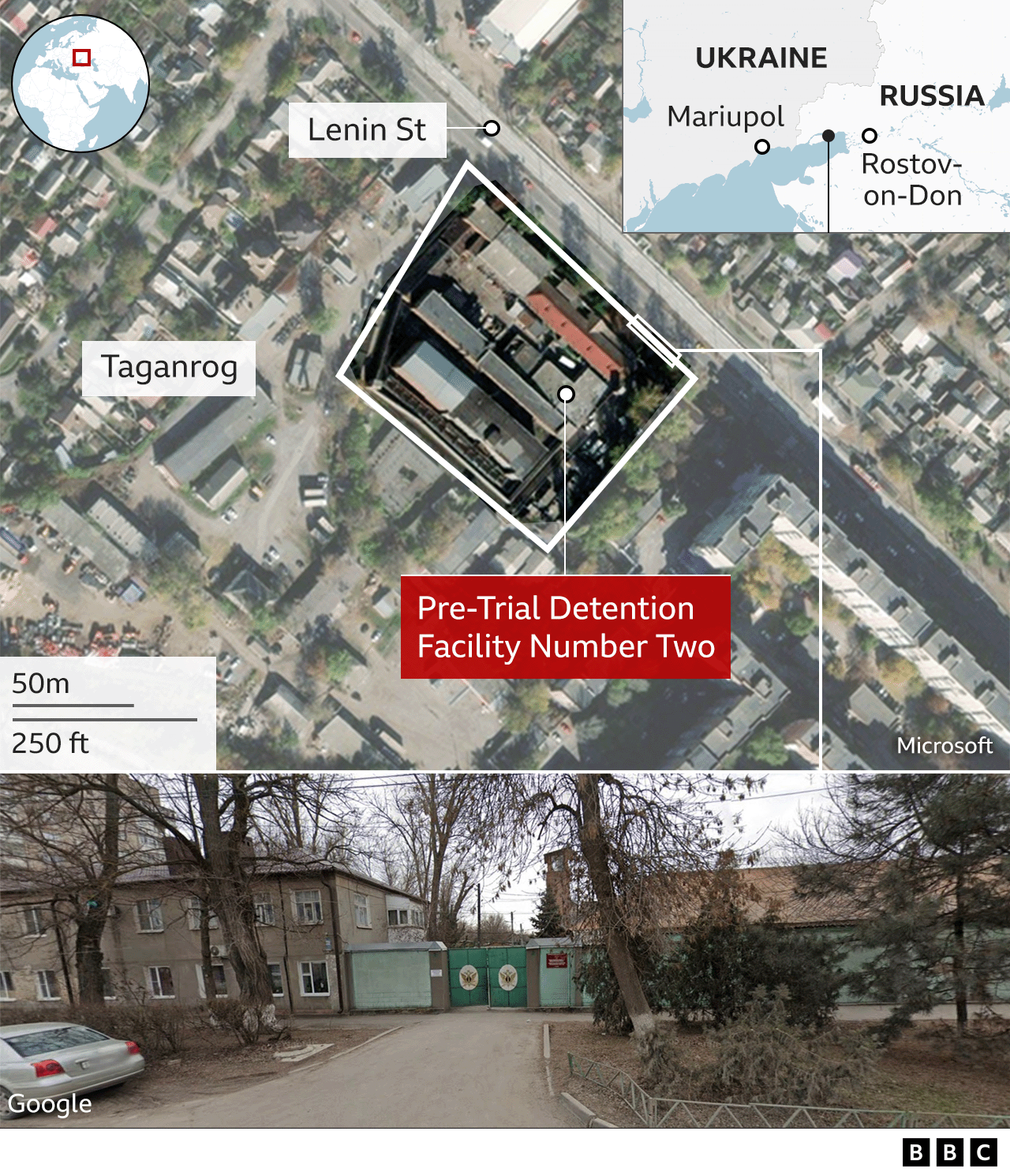 Графика, показваща следствения арест номер две в Таганрог, югозападна Русия, и неговото местоположение