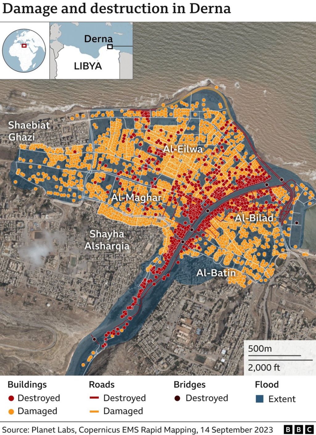 Map showing where the most damage occurred in Derna to buildings, roads and bridges