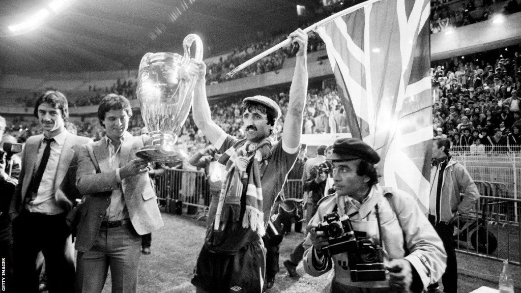 David Johnson lifts the European Cup after Liverpool beat Real Madrid in the 1981 final