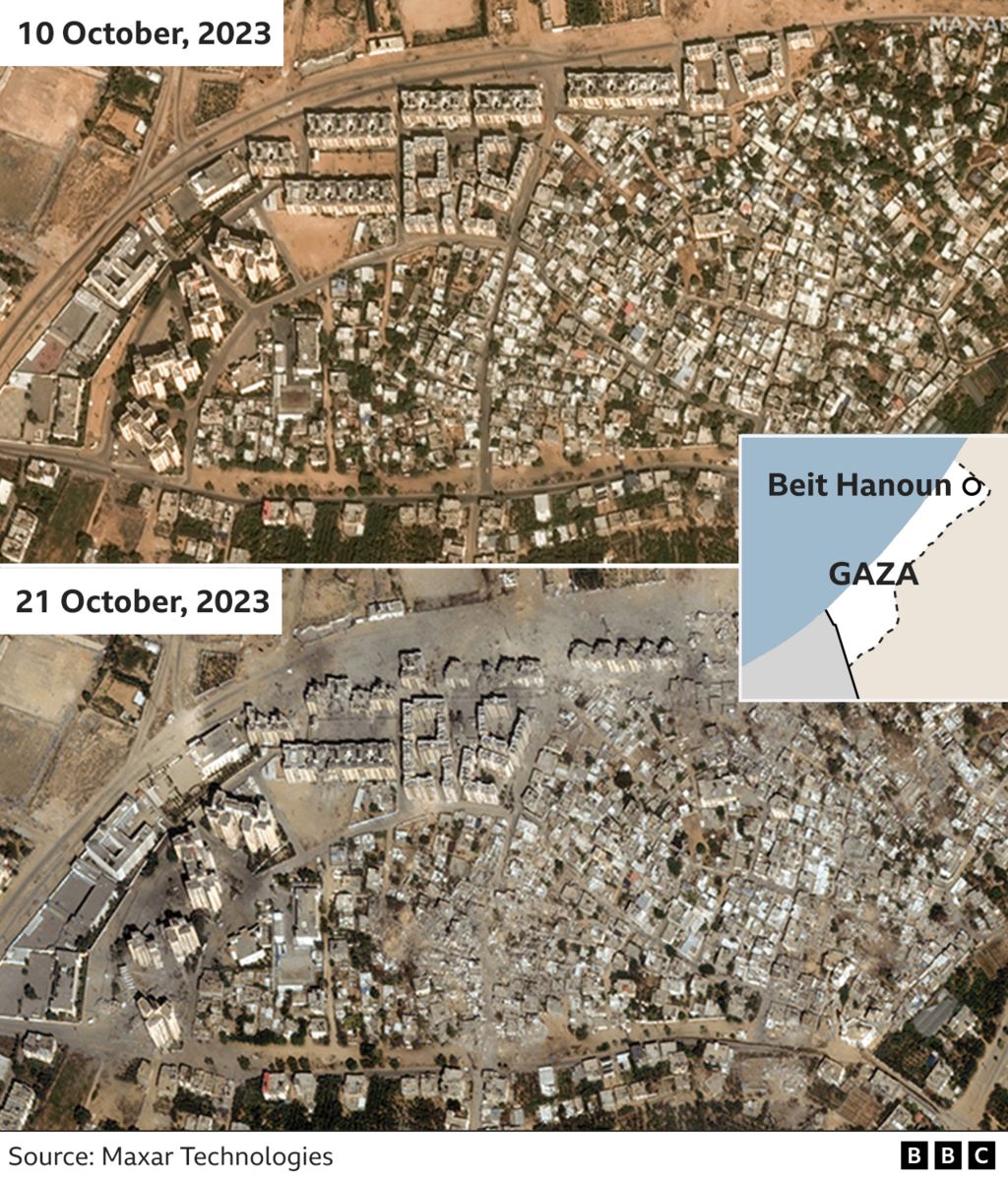 Спутниковые снимки Бейт-Хануна в Газе, показывающие местность до и после воздушных атак Израиля, в результате которых было разрушено несколько зданий