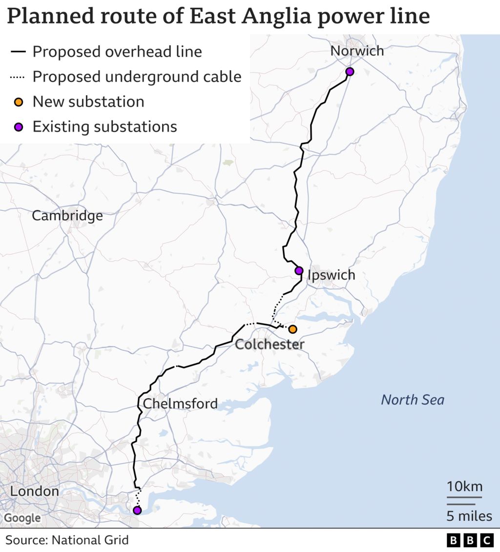 A map showing the route of the proposed power line from Norwich to Tilbury via Ipswich, Colchester and Chelmsford