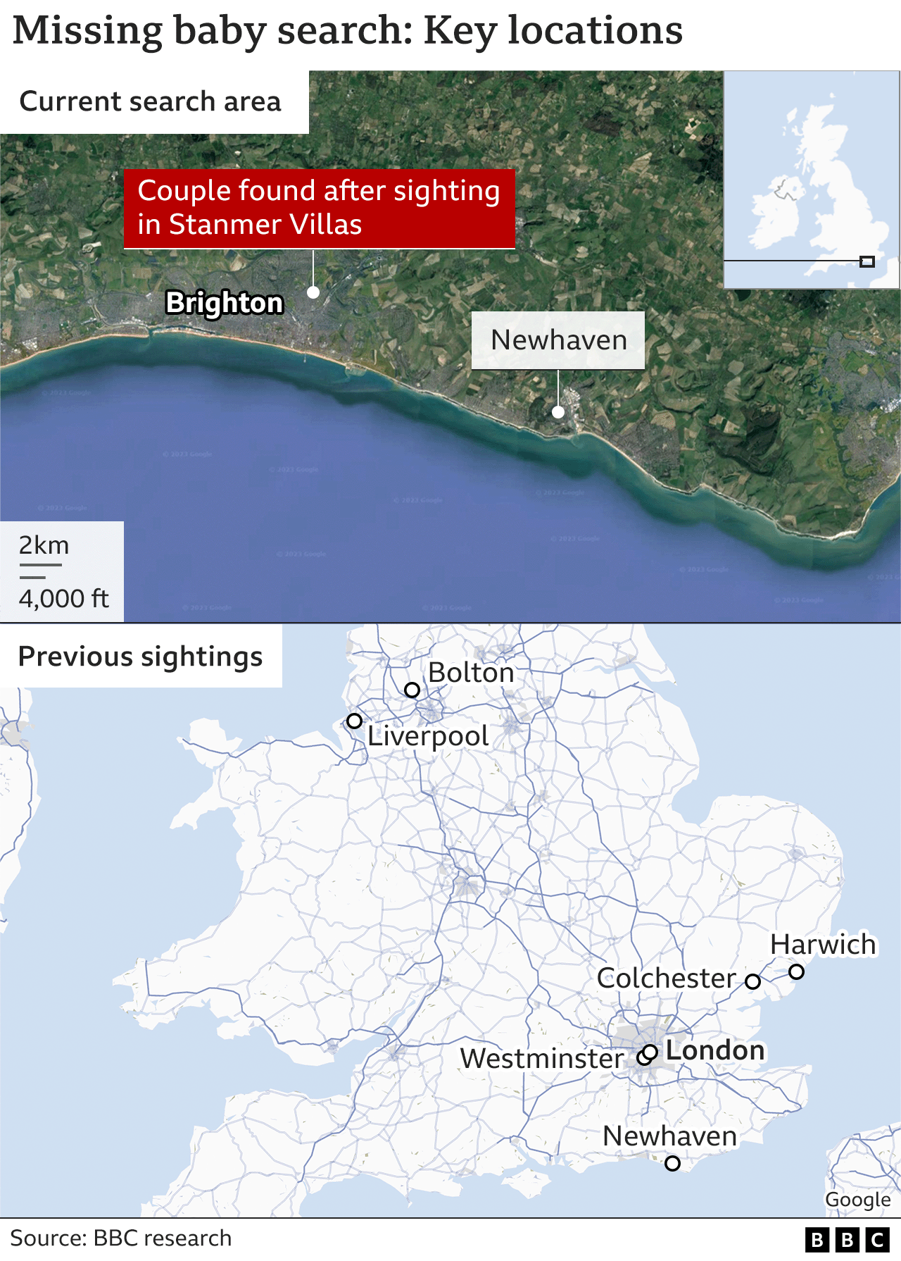 A map displaying where the search for Constance Marten's baby is taking place, as well as locations where the family were previously sighted