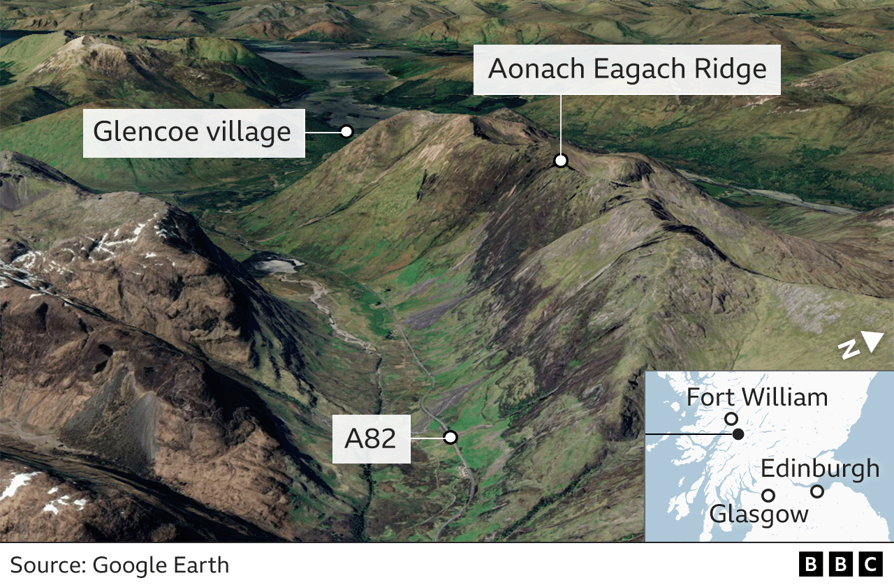 Satellite image and map showing the Aonach Eagach Ridge sitting just to the east of Glencoe village on the A82 road, just to the south of Fort William