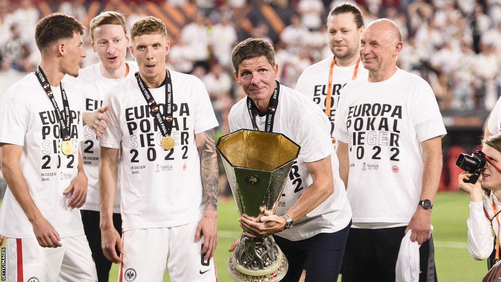 Oliver Glasner celebrates winning the 2022 Europa League with Eintracht Frankfurt