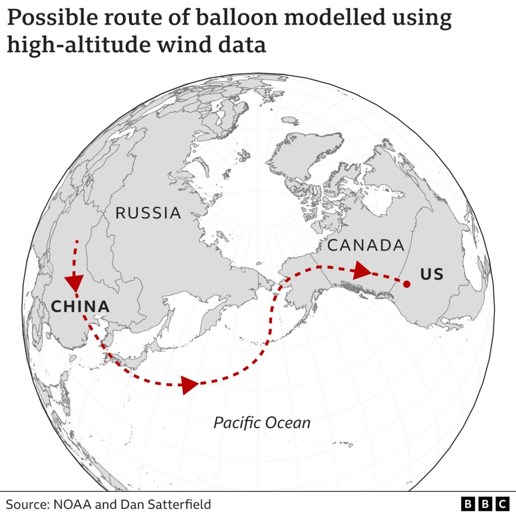 Карта, показывающая возможный маршрут воздушного шара из Китая в США