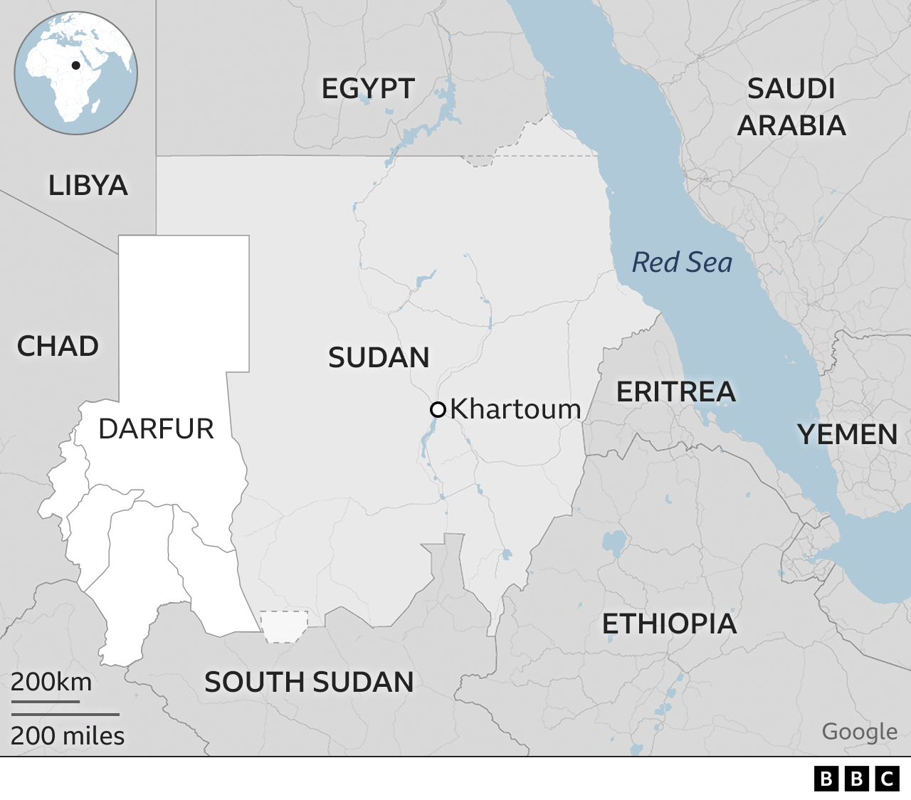 Map showing Darfur in Sudan and the surrounding countries
