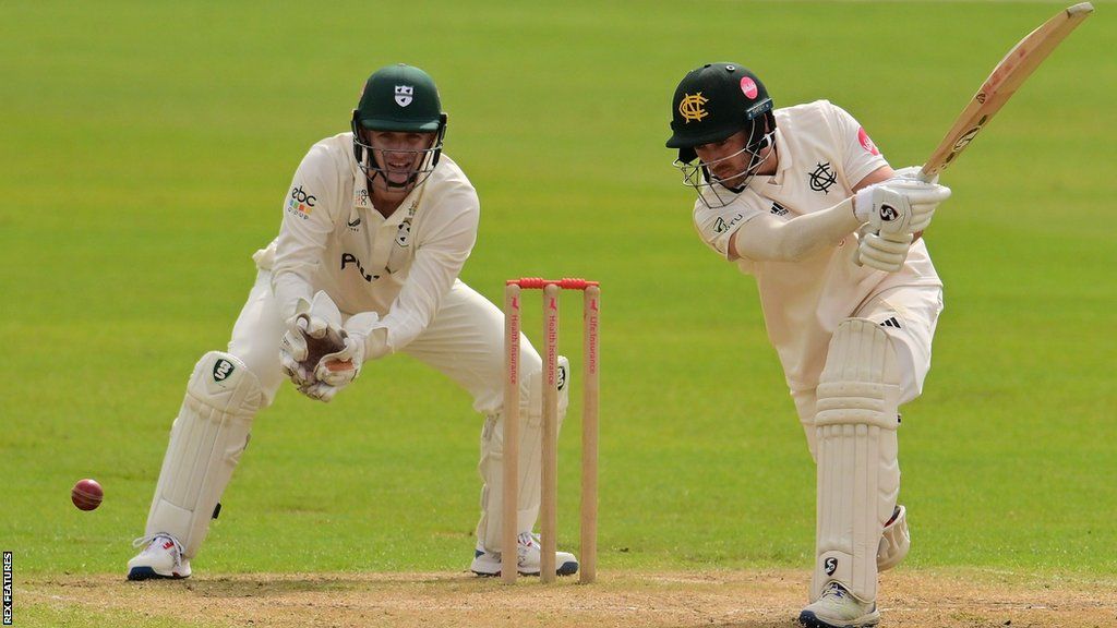 Joe Clarke (right) plays a cover drive during his innings for Nottinghamshire against Worcestershire