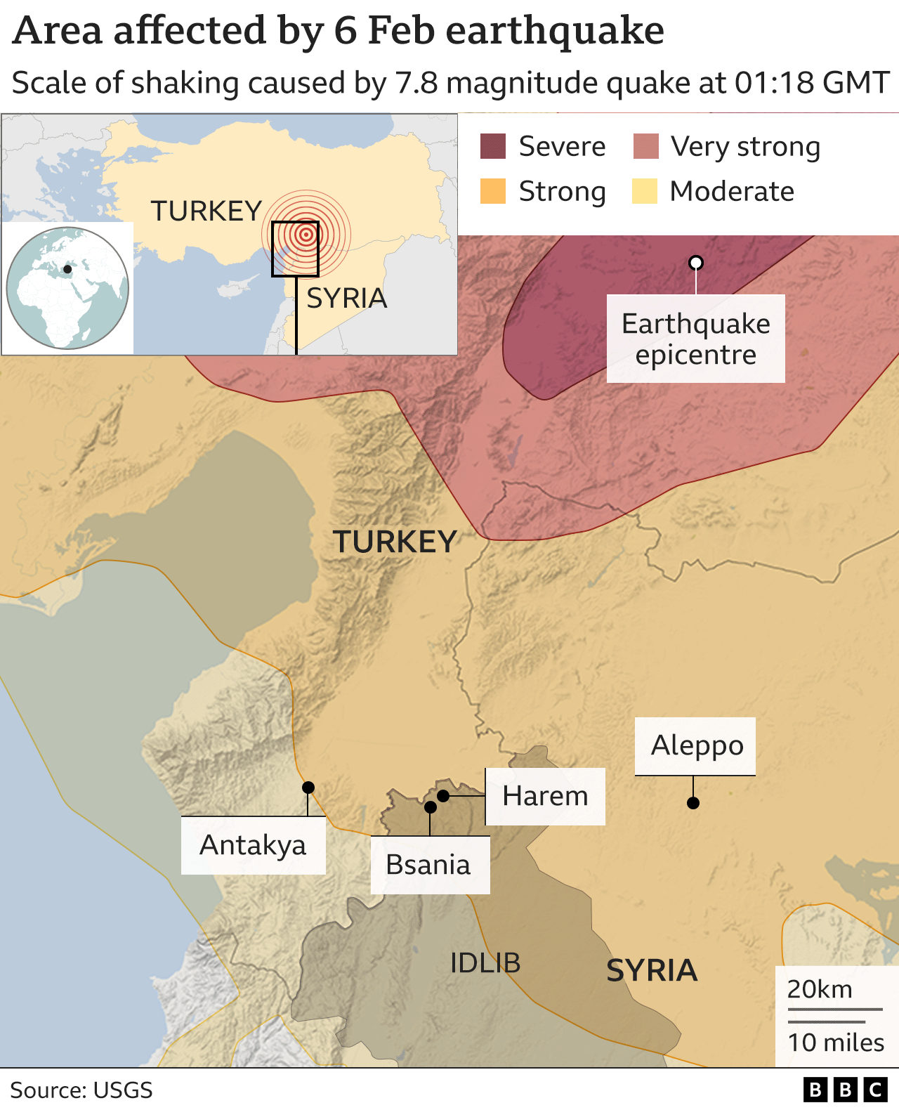 Map showing the area of the Turkey-Syria border most affected by the earthquake, showing locations of Bsania and Harem in Syria and Atakya in Turkey