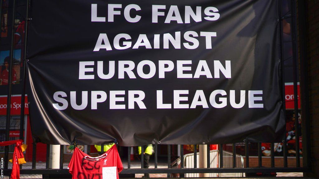 Liverpool fans protest against the European Super League in April 2021