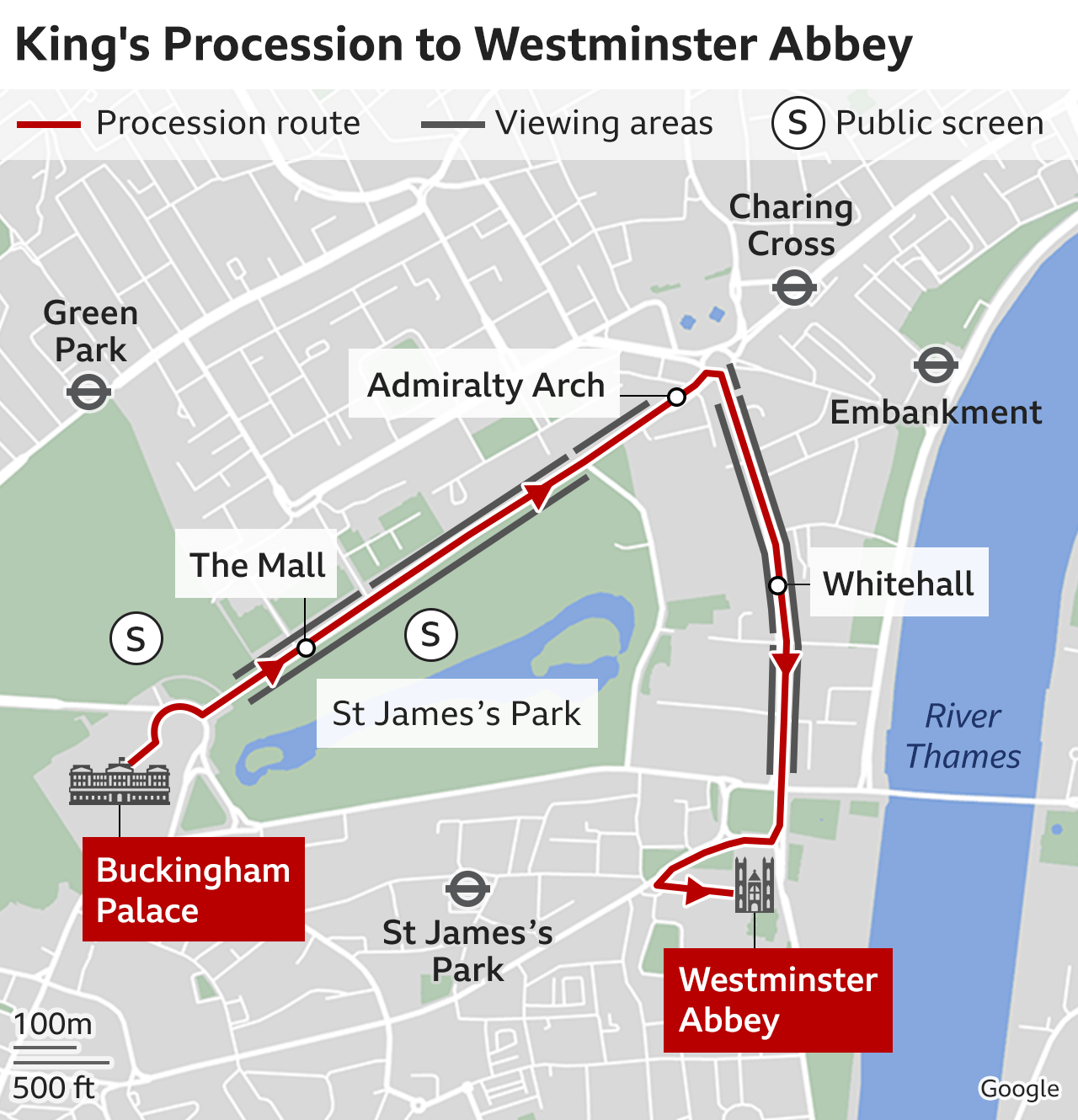 Map showing King's Procession route from Buckingham Palace along The Mall to Trafalgar Square, then down Whitehall and Parliament Street before turning into Parliament Square and Broad Sanctuary to reach the Great West Door of Westminster Abbey