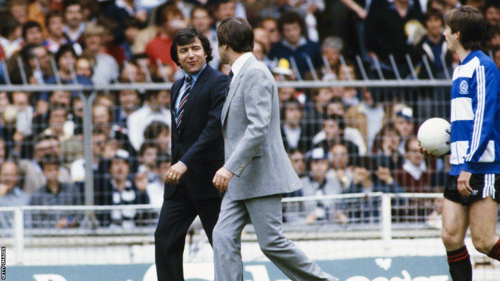 Terry Venables (left) leads QPR out against Tottenham Hotspur at Wembley