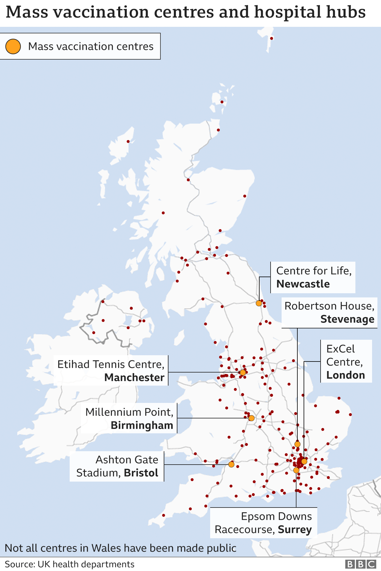 Map of mass vaccination centres and hospital hubs