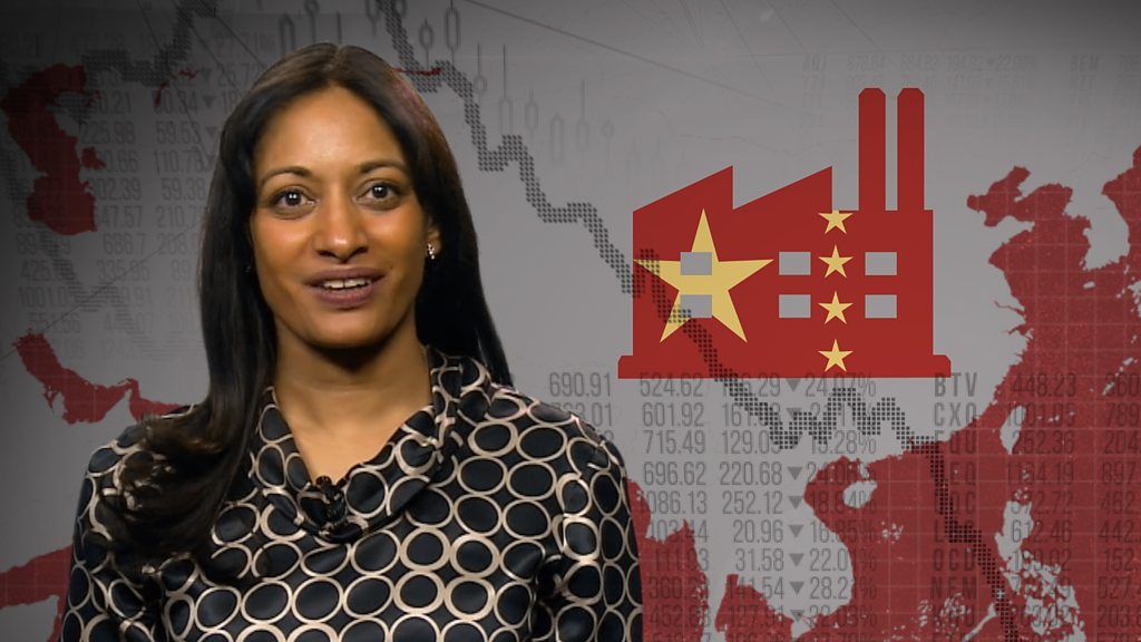 Presenter Dharshini David in front of a map of China with a factory sumbol