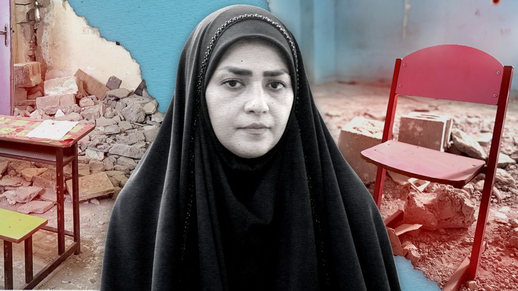 Collage image showing teacher Amaineh Nademi, wearing a black chador, looking directly at the camera with a serious expression. To her left is a close up shot of a pink chair next to rubble in a classroom which has blue walls. To her right is an image of a school desk, with rubble in the corner of the room