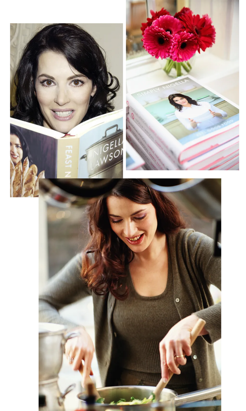 Three images of Nigella Lawson, one looking at a book, one cooking and a pile of her recipe books near a vase of dark pink flowers