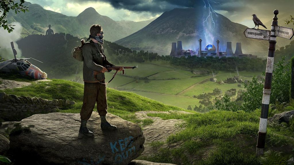 Still from the Atomfall game showing a masked male character standing on a rock on combat gear holding a rifle. He looks out over a green landscape with dark clouds forming over mountains in the distance, with a nuclear reactor shooting blue lightning bolts into the sky. 