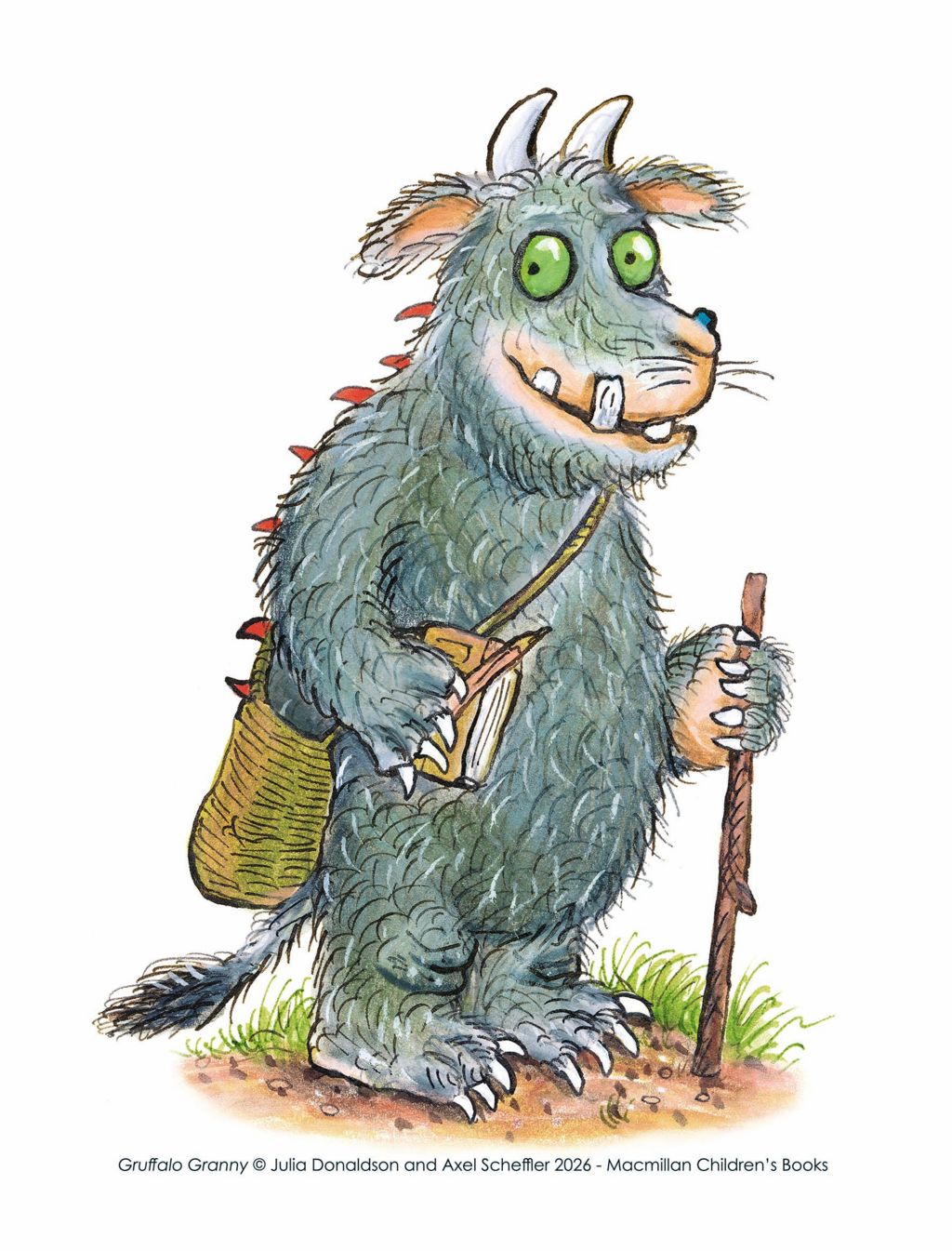 An illustration of Gruffalo Granny, with grey body hair and horns on her head, holding a stick while carrying a notepad and pencil