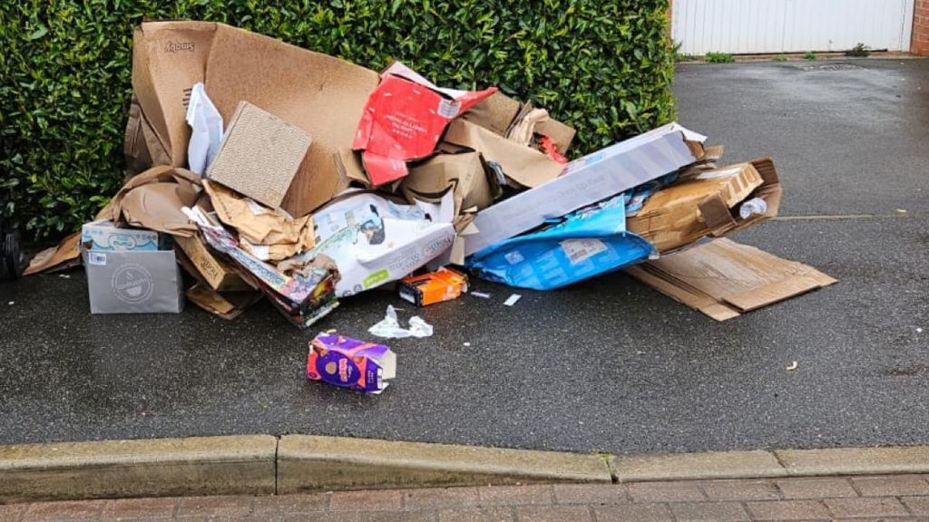 Assorted items of cardboard and paper on a kerbside