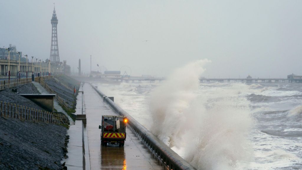 Waves break on the sea front in Blackpool