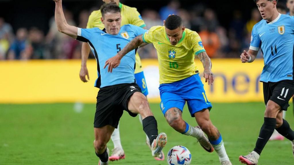 Manuel Ugarte in action for Uruguay against Brazil at the 2024 Copa America