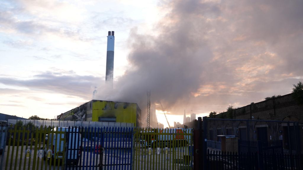 A general view of a fire at the Landmann Way Reuse and Recycling Centre in Bermondsey, south London.