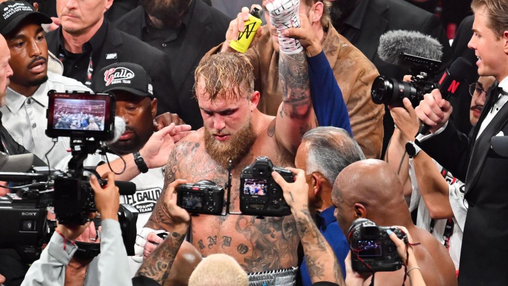 Jake Paul defeats Mike Tyson during their heavyweight world titles of the Premiere Boxing Championship on Friday night at AT&T Stadium in Arlington, Texas, United States on November 15, 2024.