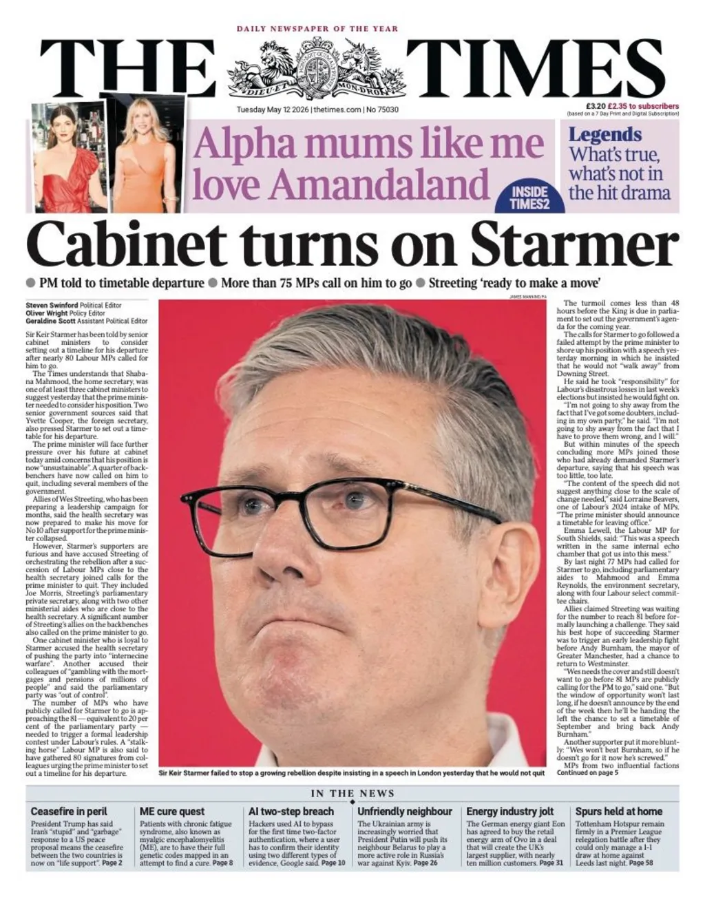 ‘El gabinete se vuelve contra Starmer’ y ‘Has sido asesinado’.