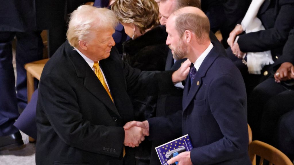 US President-elect Donald Trump shakes hands with Britain's Prince William inside Notre-Dame Cathedral