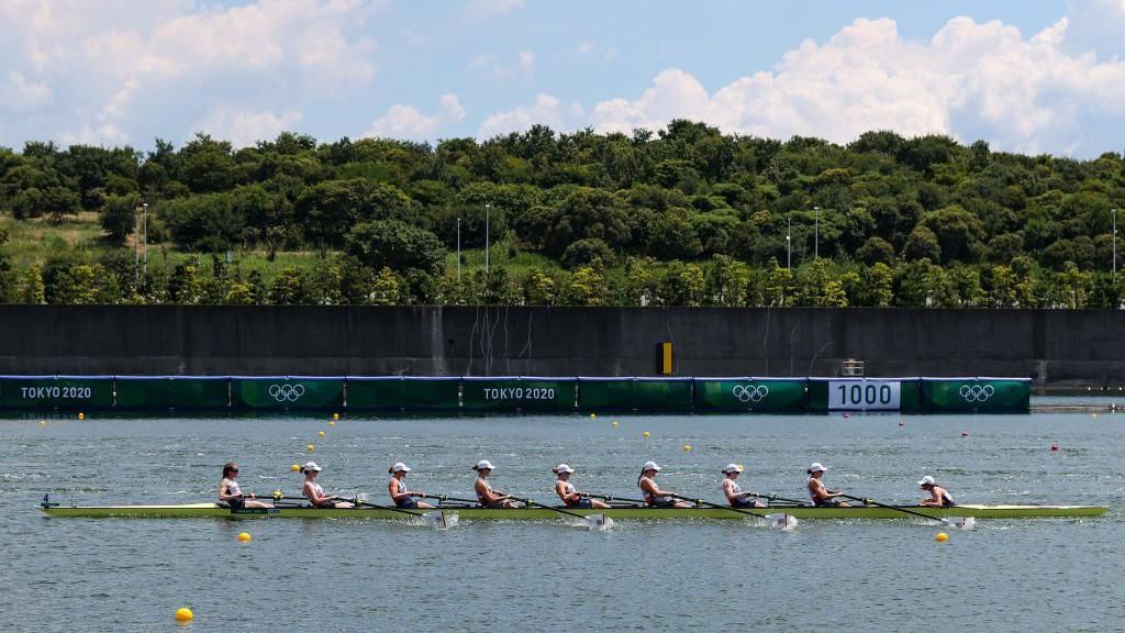 Fiona Gammond, Chloe Brew, Emily Ford, Beccy Muzerie, Caragh McMurtry, Katherine Douglas, Rebecca Edwards, Sara Parfett and Matilda Horn of Team Great Britain compete during the Women's Eight Heat 1 on day one of the Tokyo 2020 Olympic Games