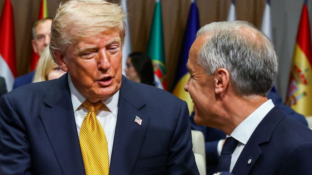U.S. President Donald Trump speaks with Canada's Prime Minister Mark Carney at a meeting of the North Atlantic Council (NAC) during the NATO leaders' summit in Ankara, Turkey, July 8, 2026.