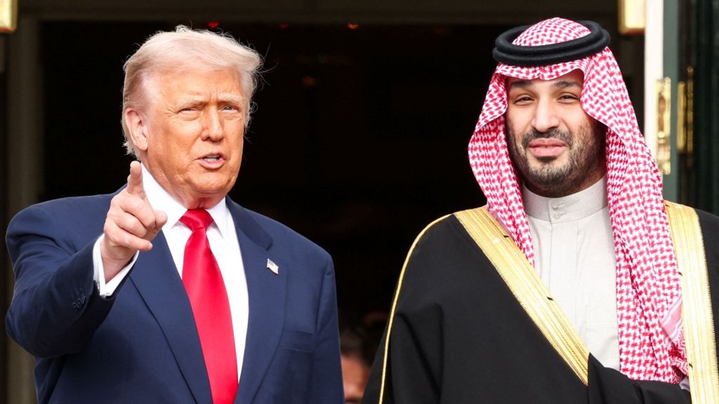 U.S. President Donald Trump greets Saudi Crown Prince and Prime Minister Mohammed bin Salman during an arrival ceremony on the South Lawn of the White House in Washington, D.C., U.S., November 18, 2025.