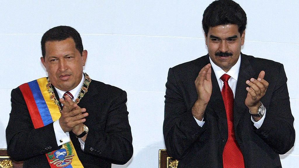 Photo dated 05 July 2006 of Venezuelan President Hugo Chavez (L) and Foreign Minister Nicolas Maduro attending a session of he Venezuelan Congress in Caracas.