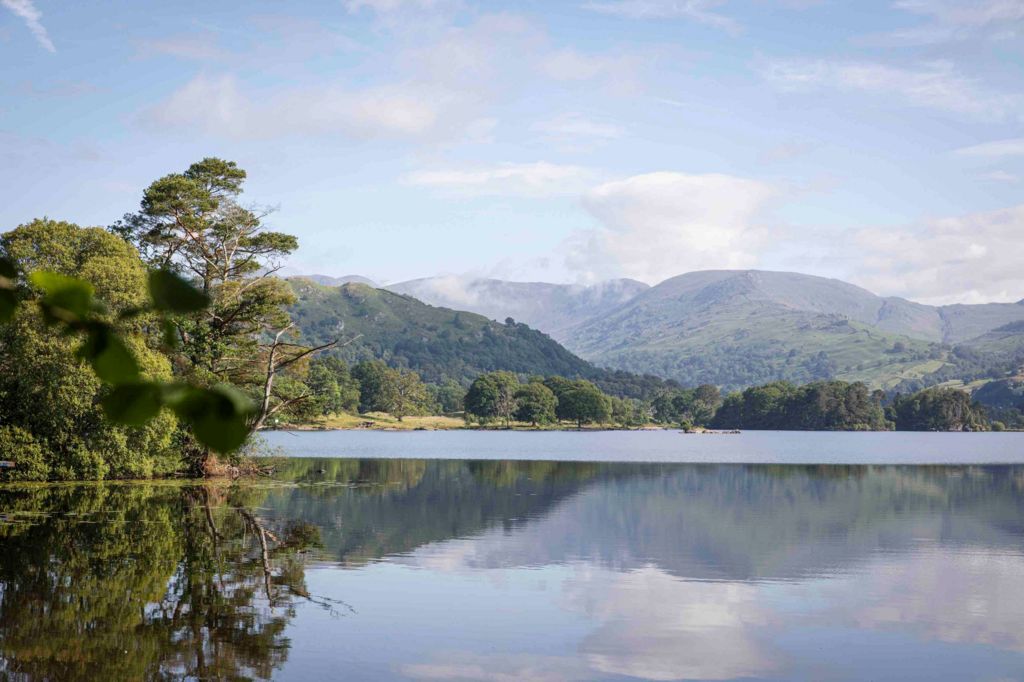 A beautiful shot of Lake Windermere in the summer with still water fringed by trees and lush green mountains in the background. There are some white clouds in the blue sky which are reflected onto the lake's still surface.