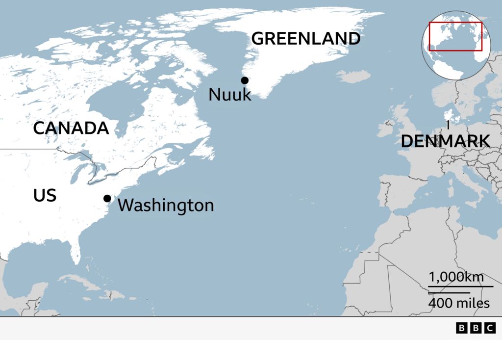 A map showing the location of Greenland and the capital Nuuk in relation to Denmark, Canada and the United States. Also labelled is the US capital Washington.
